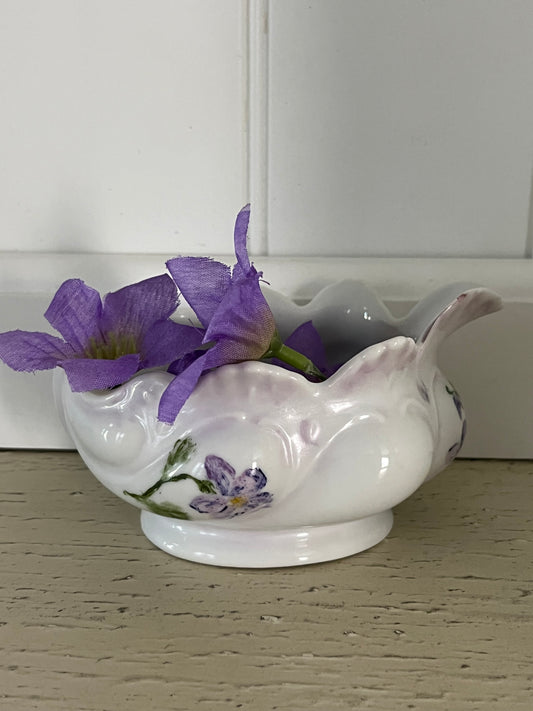 Vintage Hand-Painted Violet Floral Porcelain Planter Vanity Bowl | Cottagecore Ceramic Cachepot