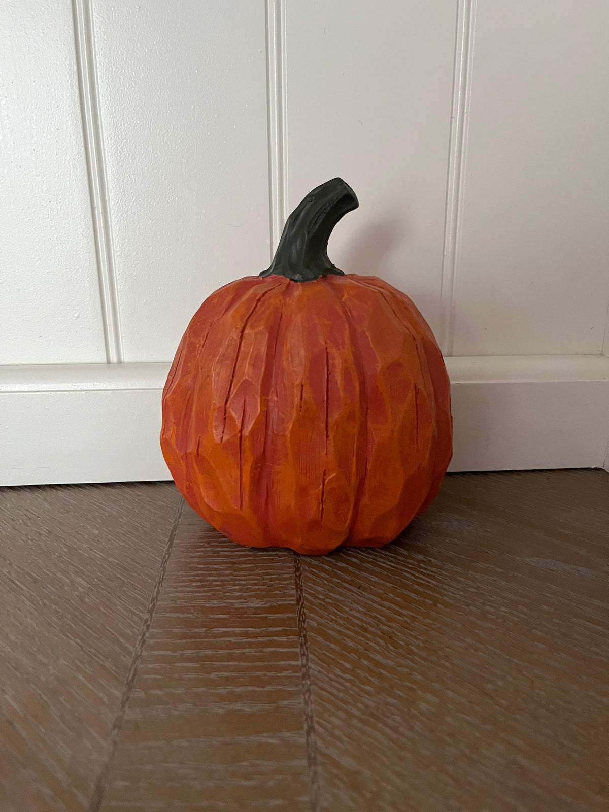 Carved-Wood Look Orange 5 1/2” Pumpkin Figurine | Folk Art Style Fall & Halloween Décor