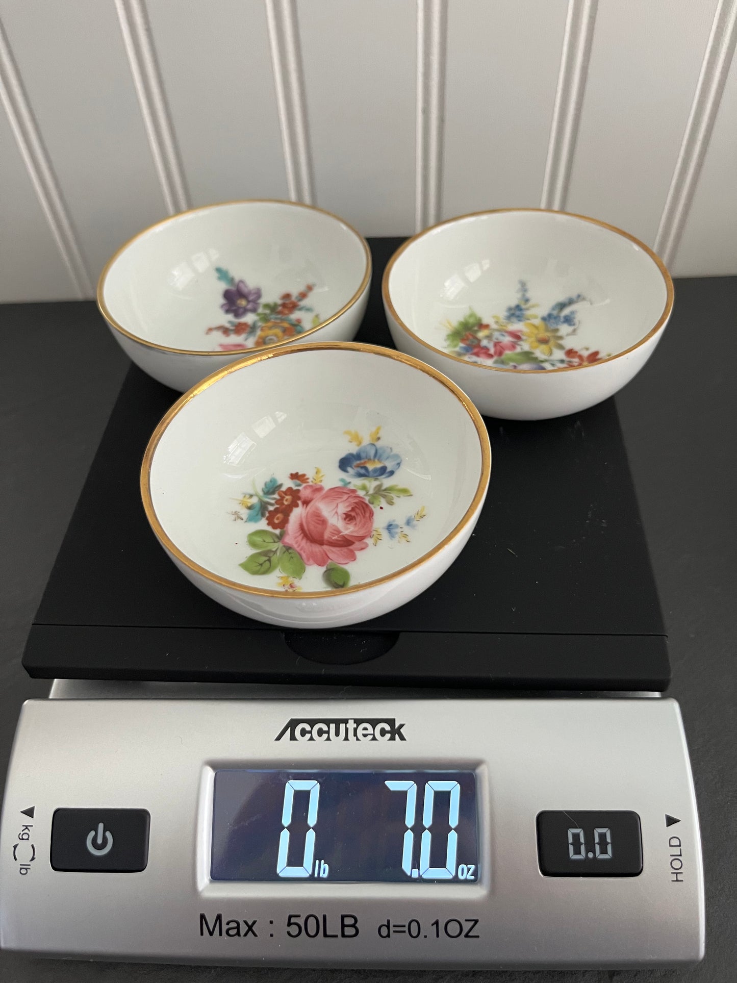 Beautiful Circa 1980’s Vintage Kaiser W. Germany Floral Bouquet White Porcelain Small Trinket Dishes (Set of 3) with Gold Trim – 3” – 7oz