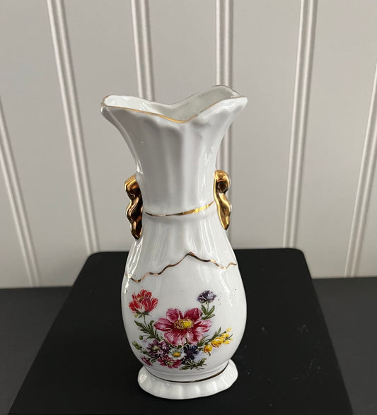 Vintage Porcelain Vase | Hand Painted Gold Leaf Trim | Pink Floral Design