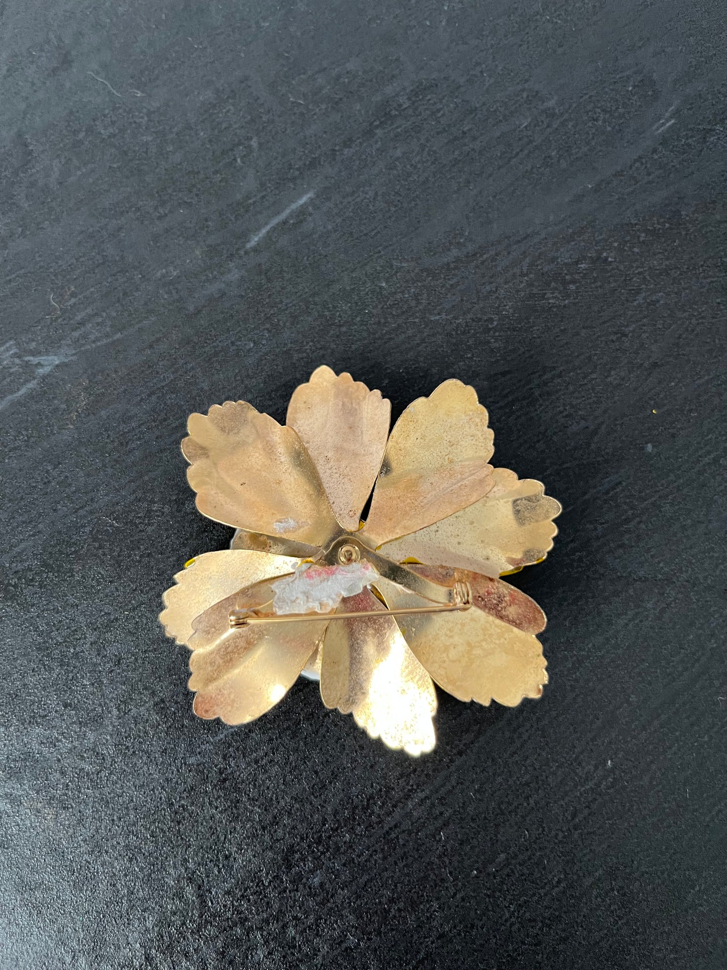 Vintage 1960’s Yellow Enamel Flower Brooch – Layered Petal Floral Pin, Mid-Century Statement Jewelry