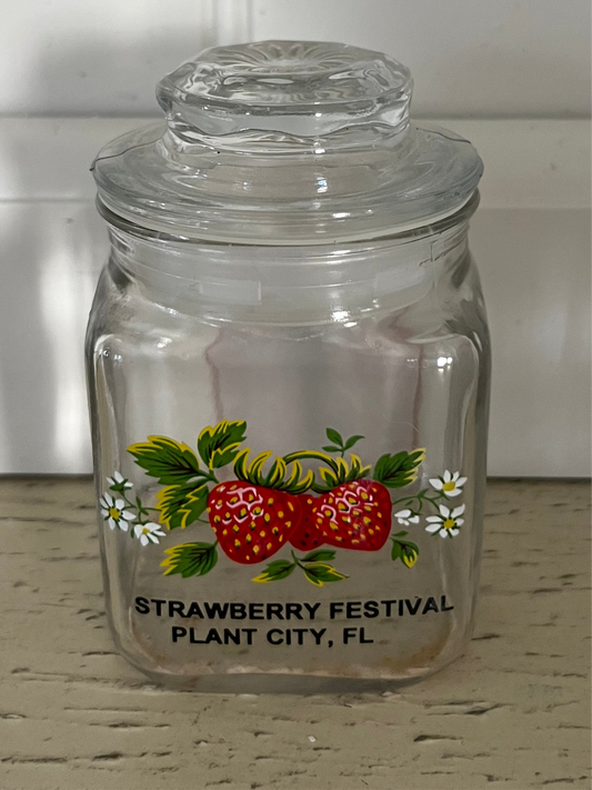 Vintage 1980s Florida Collectible Vintage Plant City Strawberry Festival Souvenir Small Glass Jar with Lid —