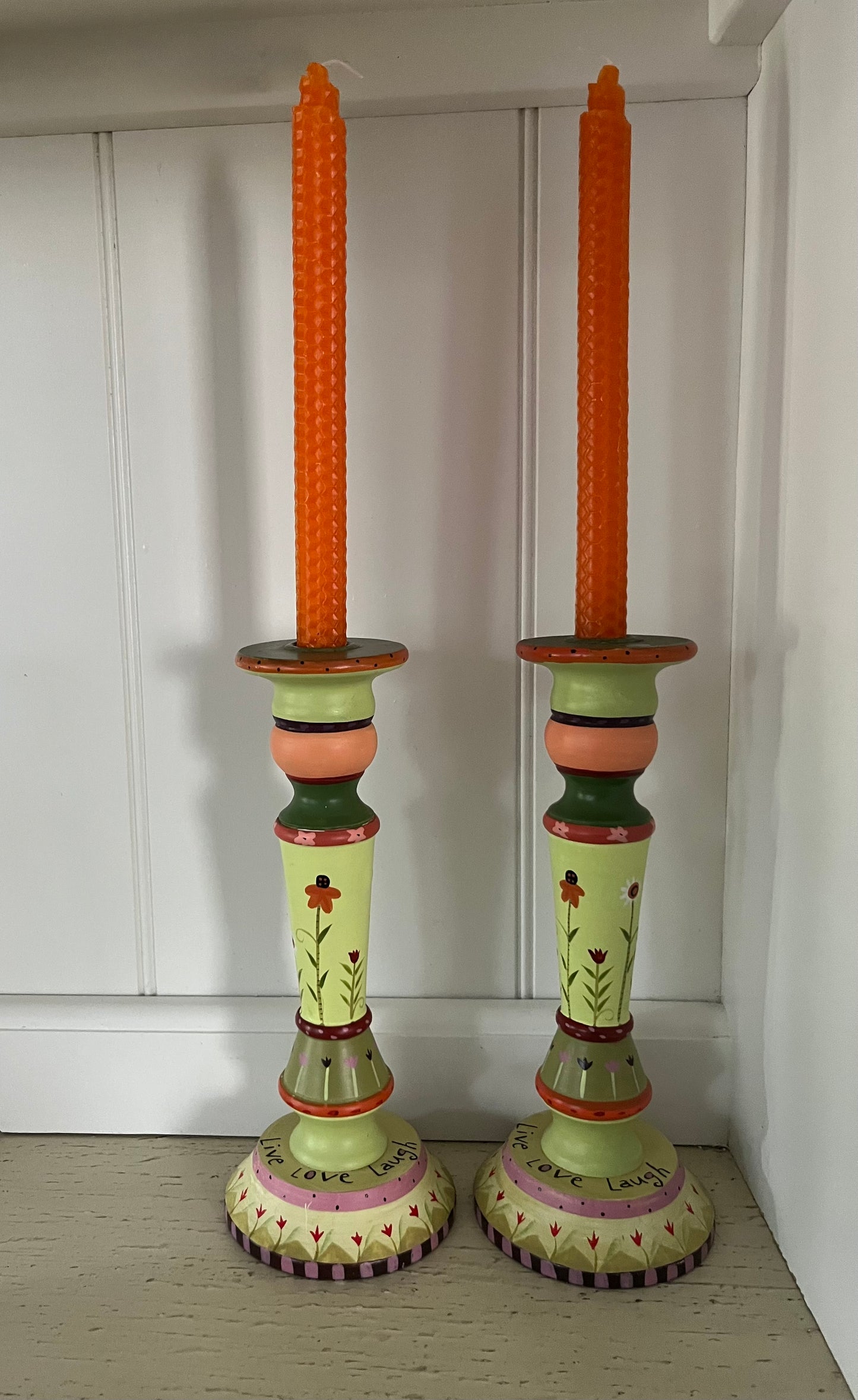 Circa 2005 Tracy Porter Style Hand-Painted Wood Candlesticks - Whimsical Folk Art