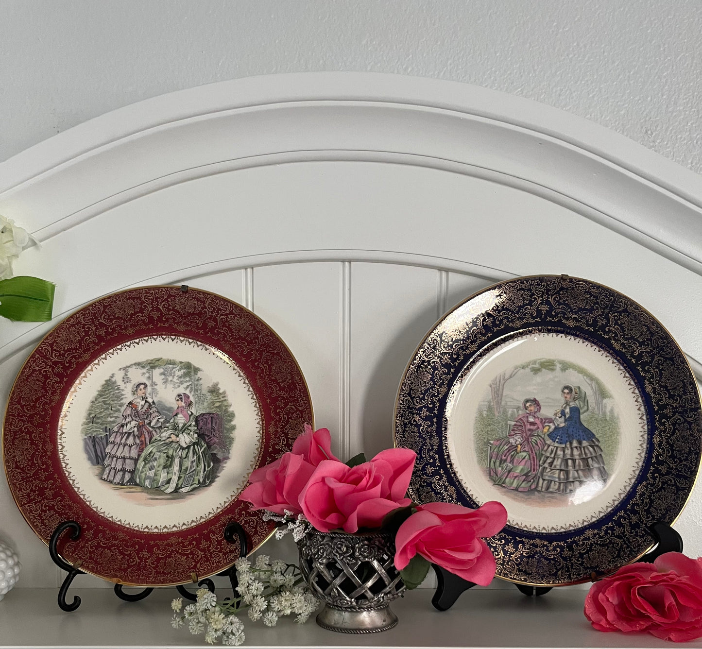 Vintage Imperial Salem China Victorian Ladies Display Plates – Set of 2 with 23K Gold (c. 1940s–1950s) | Godey-Inspired Regency Pair