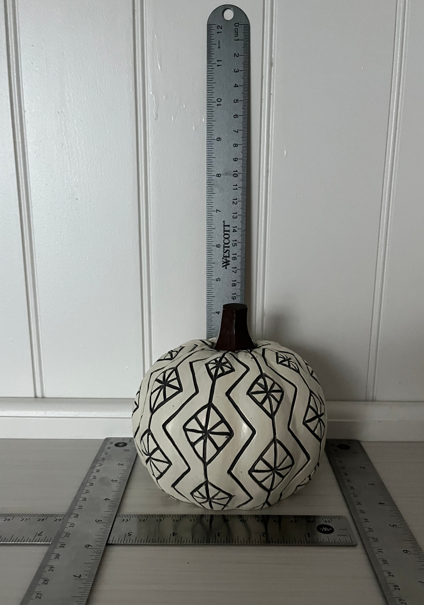 Modern Boho Tribal Pattern Pumpkin Décor – Black & White Ceramic-Style Gourd (2010s Contemporary)