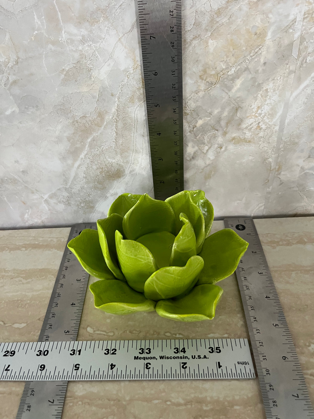 Vintage Style Chartreuse Lime Green Ceramic Lotus Flower Tealight Holder | Sculptural Botanical