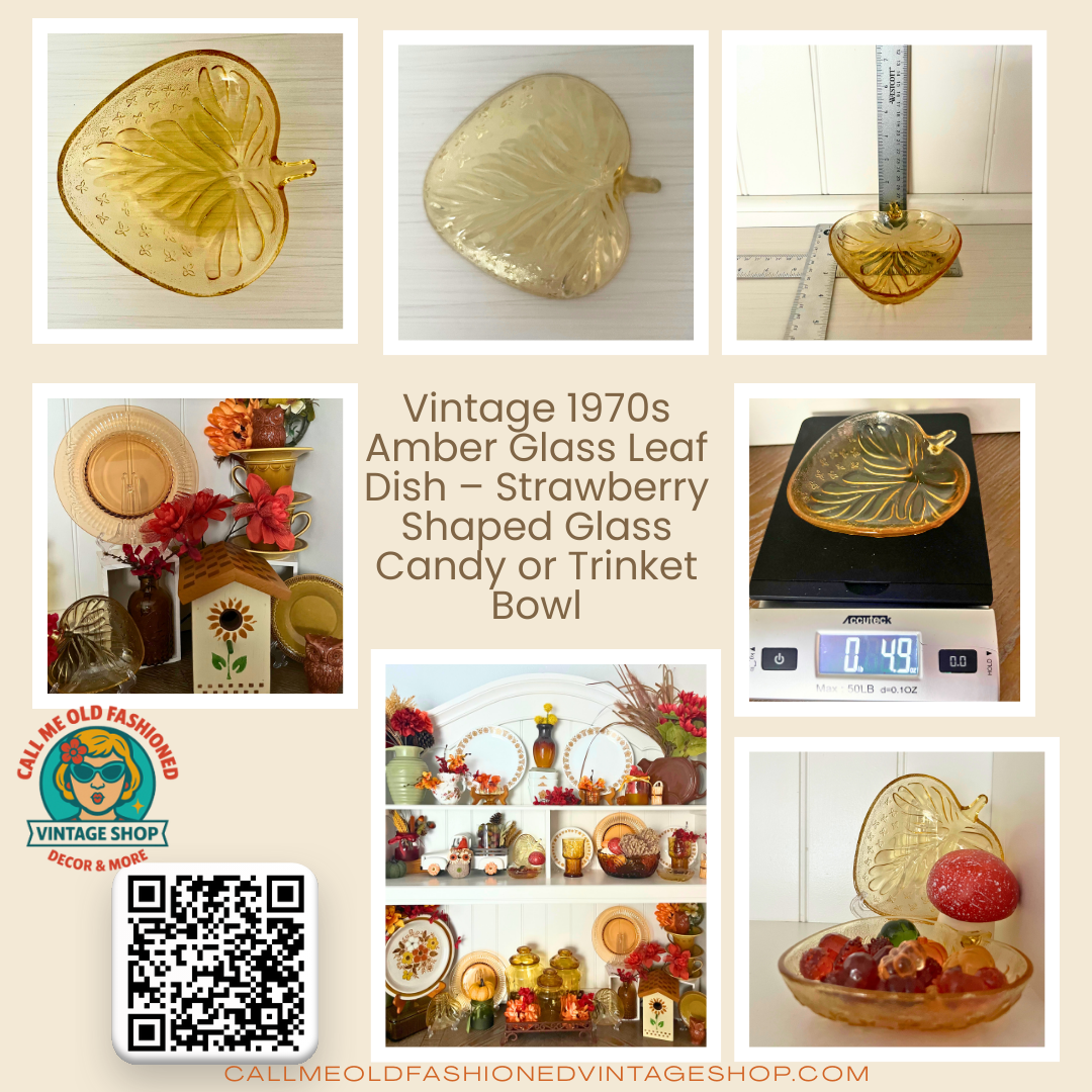 Vintage 1970s Amber Glass Leaf Dish – Strawberry Shaped Glass Candy or Trinket Bowl