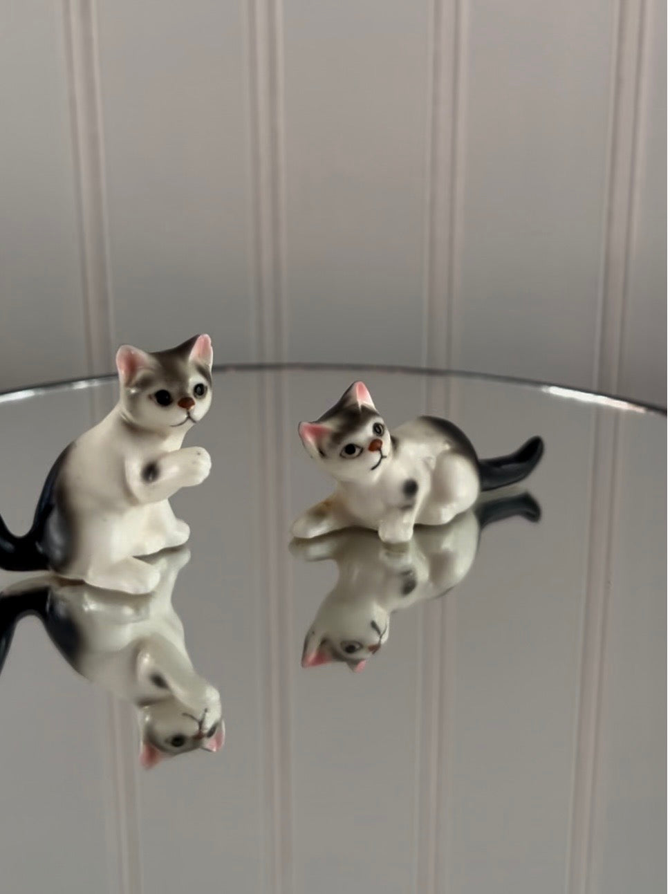 Vintage  c1960’s Kitsch Miniature Gray Black & White Kitten Figurines — Mid-Century Porcelain Cat Pair
