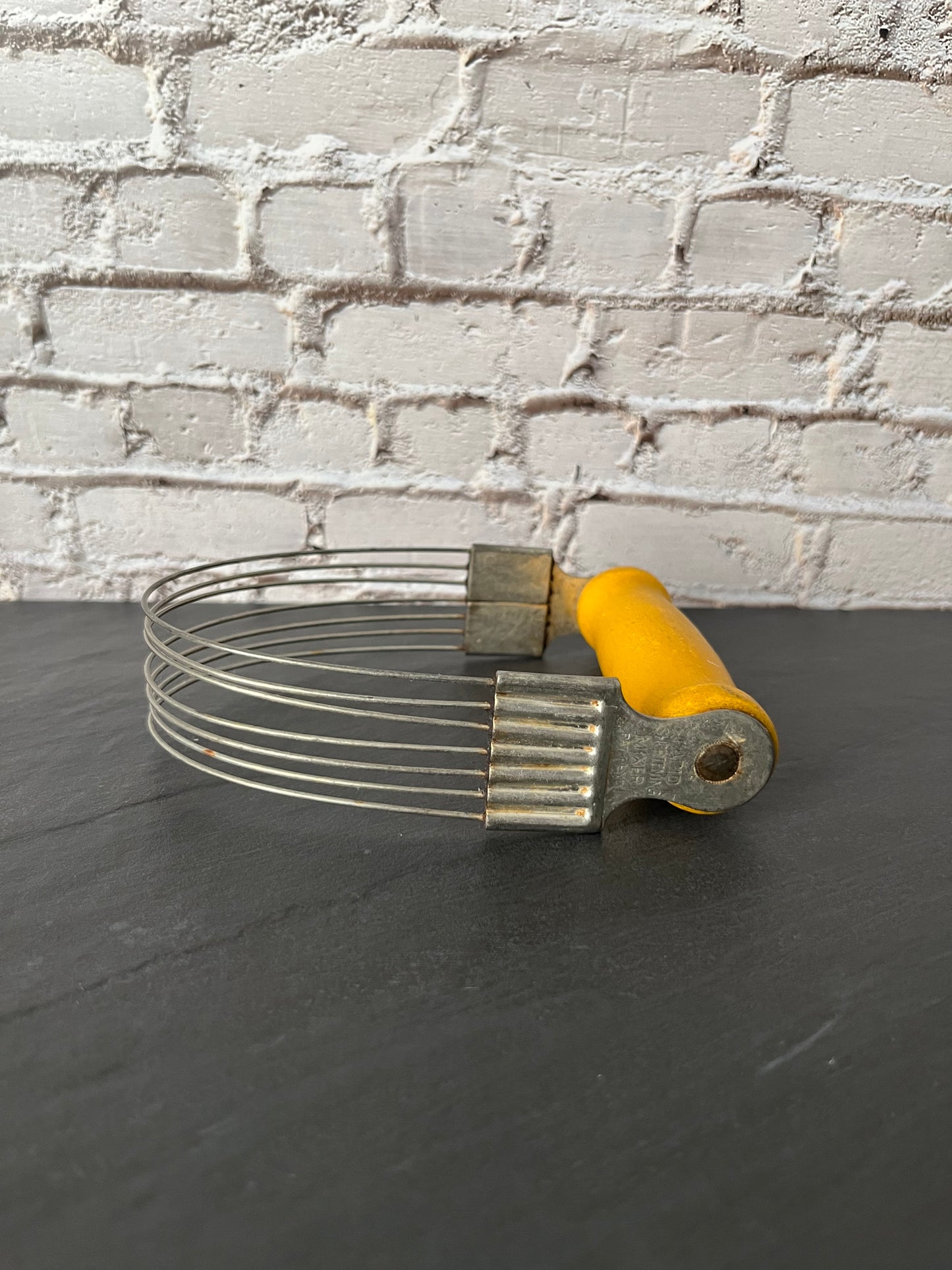 Vintage Androck “Rapid Shortening Mixer” Pastry Blender, c. 1940s Yellow Painted Wood Handle, Dough Cutter Baking Tool, Sunnyvale Yellow Kitchen