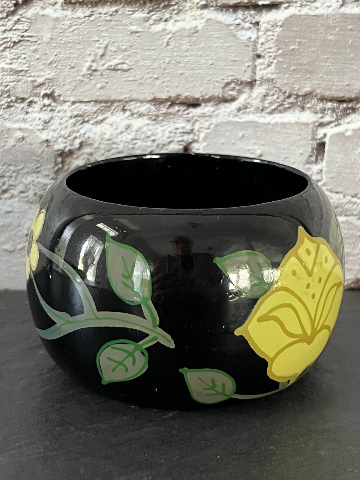 Vintage 1970s Boho Folk Art Hand-Painted Chunky Wooden Bangle Bracelet – Black & Yellow Floral Cuff – 2” small slip-on opening
