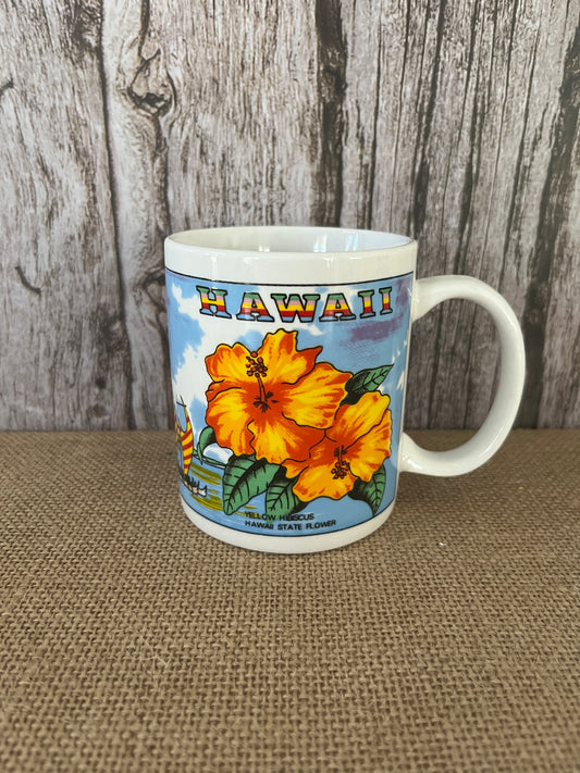 Hawaii Kitsch Souvenir Vintage Mug - Aloha Tiki Islands Fusion Theme | Yellow Hibiscus & NeNe State Bird