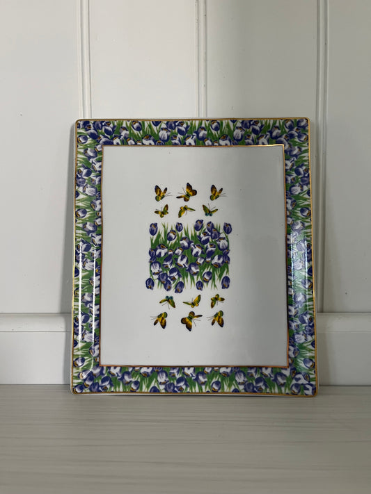 Vintage c. 1990s Floral Butterfly & Blue Iris Square Ceramic Decorative Serving Tray Plate