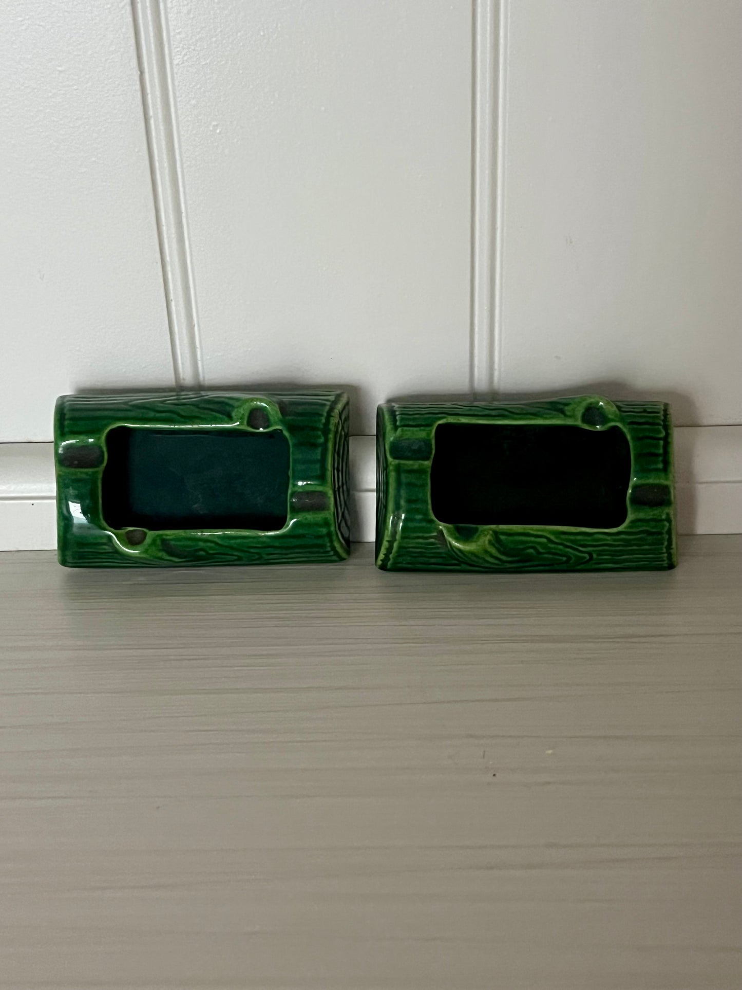 Pair of 1950s Treasure Craft Green Ceramic Log Ashtrays – Forest Woodgrain Glaze Set of 2