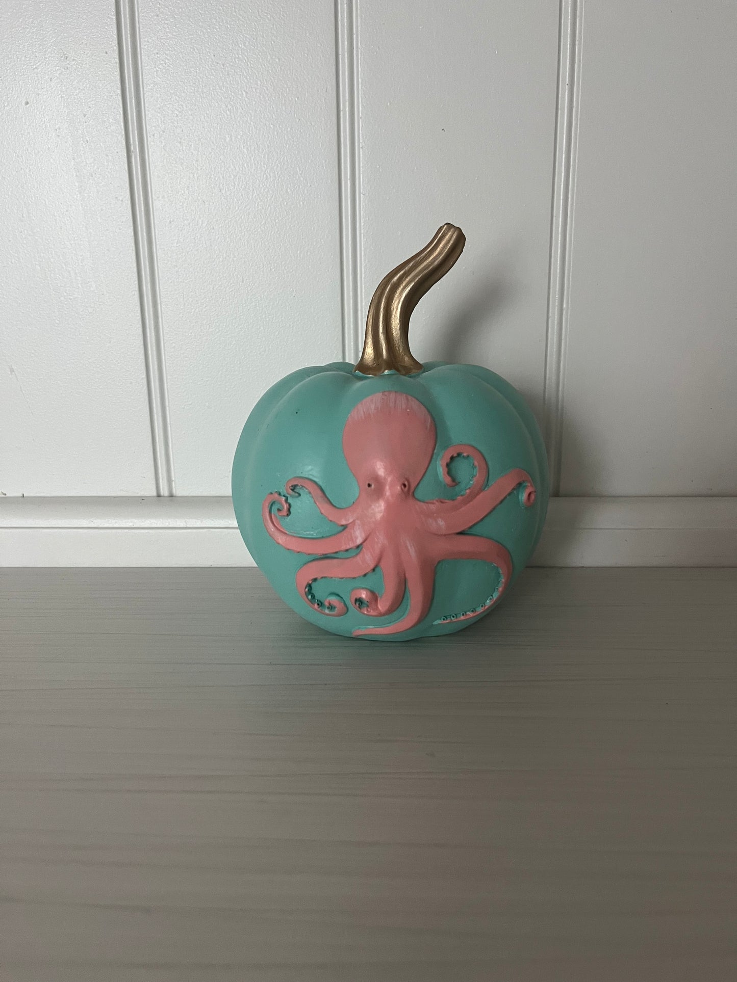 Hand-Painted Coastal Octopus Pumpkin | Aqua & Pink Nautical Decor (2010s)