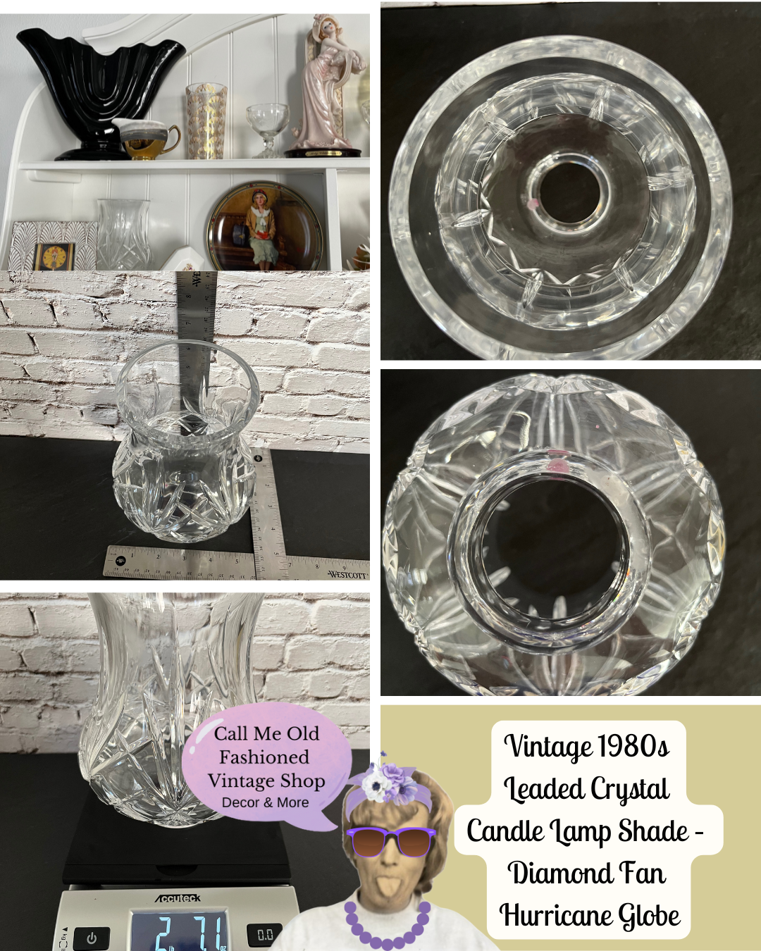 Vintage 1980s Leaded Crystal Candle Lamp Shade -Top Only– Diamond Fan Hurricane Globe – Speakeasy Chic