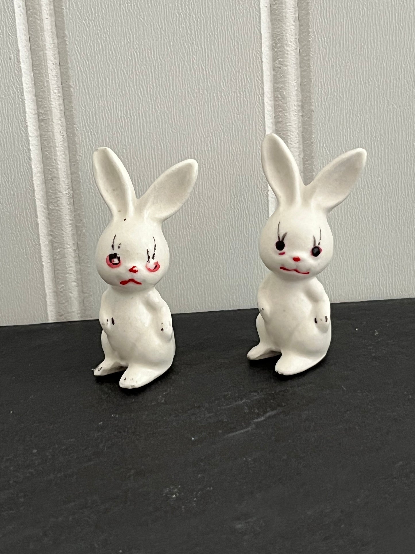 1950s Miniature Creepy Kitsch Porcelain Bunny Rabbits Set of 2 -