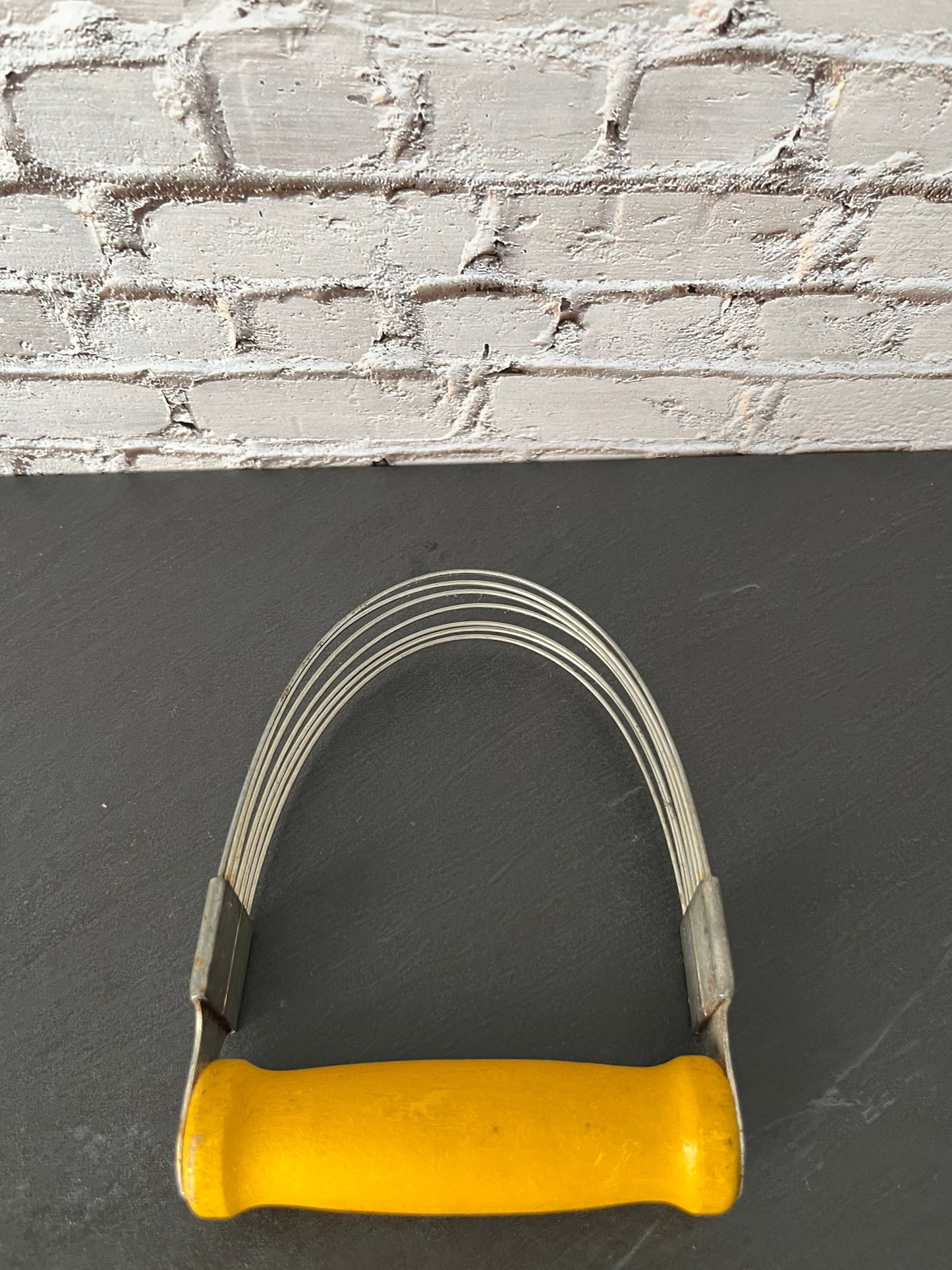 Vintage Androck “Rapid Shortening Mixer” Pastry Blender, c. 1940s Yellow Painted Wood Handle, Dough Cutter Baking Tool, Sunnyvale Yellow Kitchen