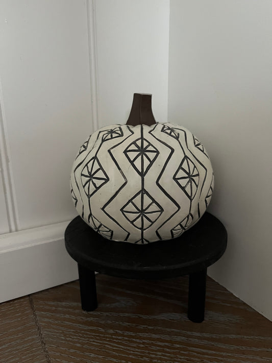 Modern Boho Tribal Pattern Pumpkin Décor – Black & White Ceramic-Style Gourd (2010s Contemporary)