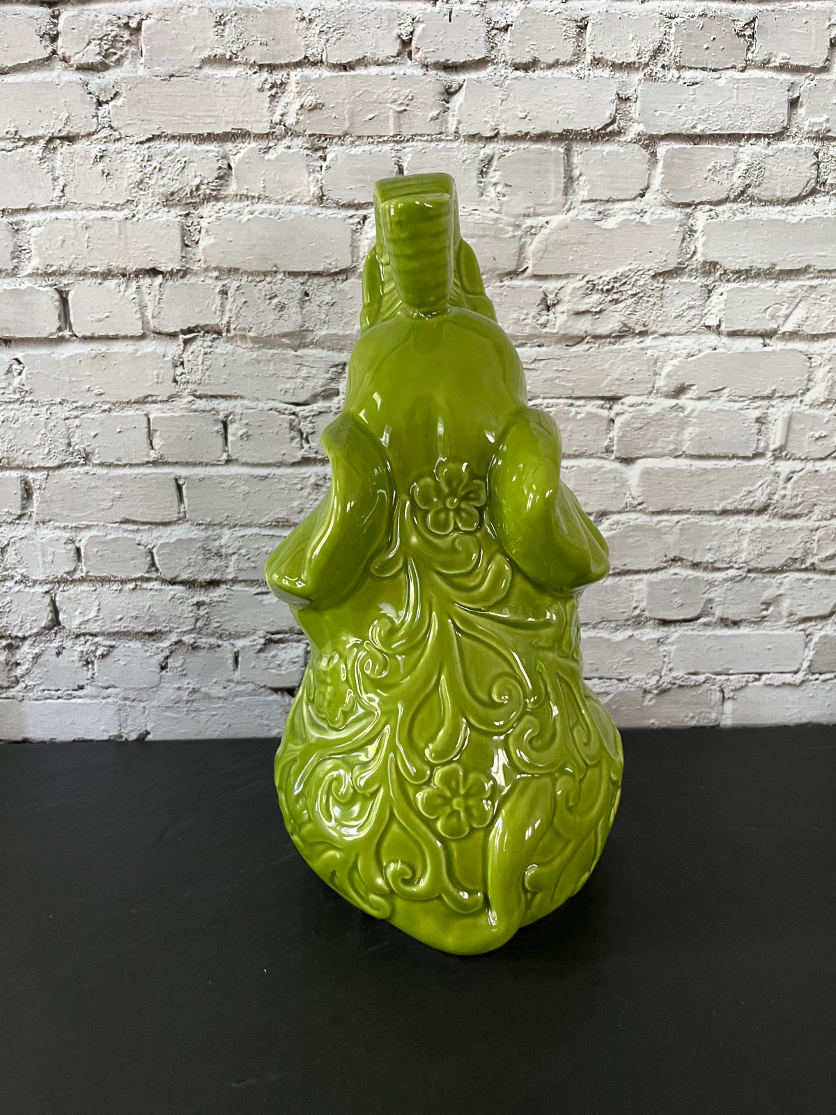 Large Lucky Trunk Green Ceramic Elephant Figurine – Floral Scrollwork Trunk-Up Décor – 11”