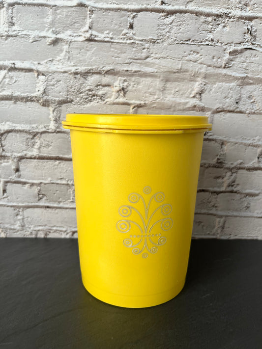 Vintage Tupperware Yellow Canister w/ Lid, Floral Scroll Design, Retro Kitchen Storage Container 1970s