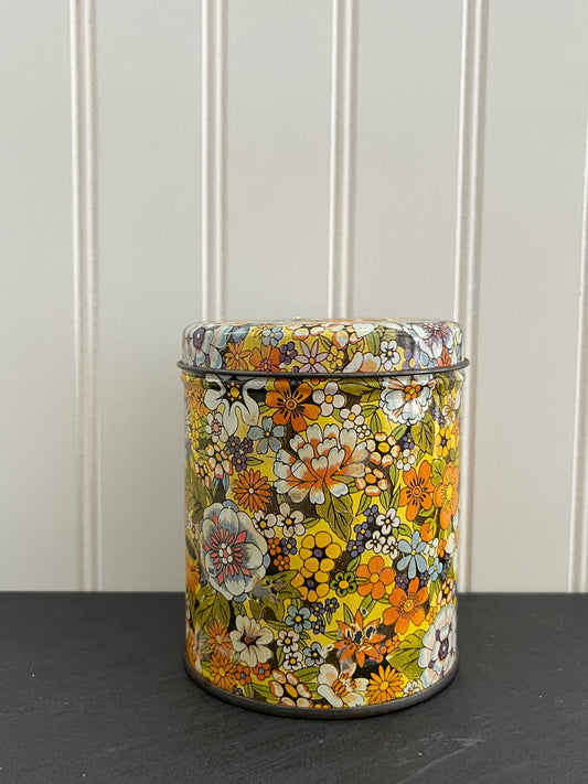 Vintage 1970’s Tea Tin Canister- Fabulous Flower Graphics Floral Chintz