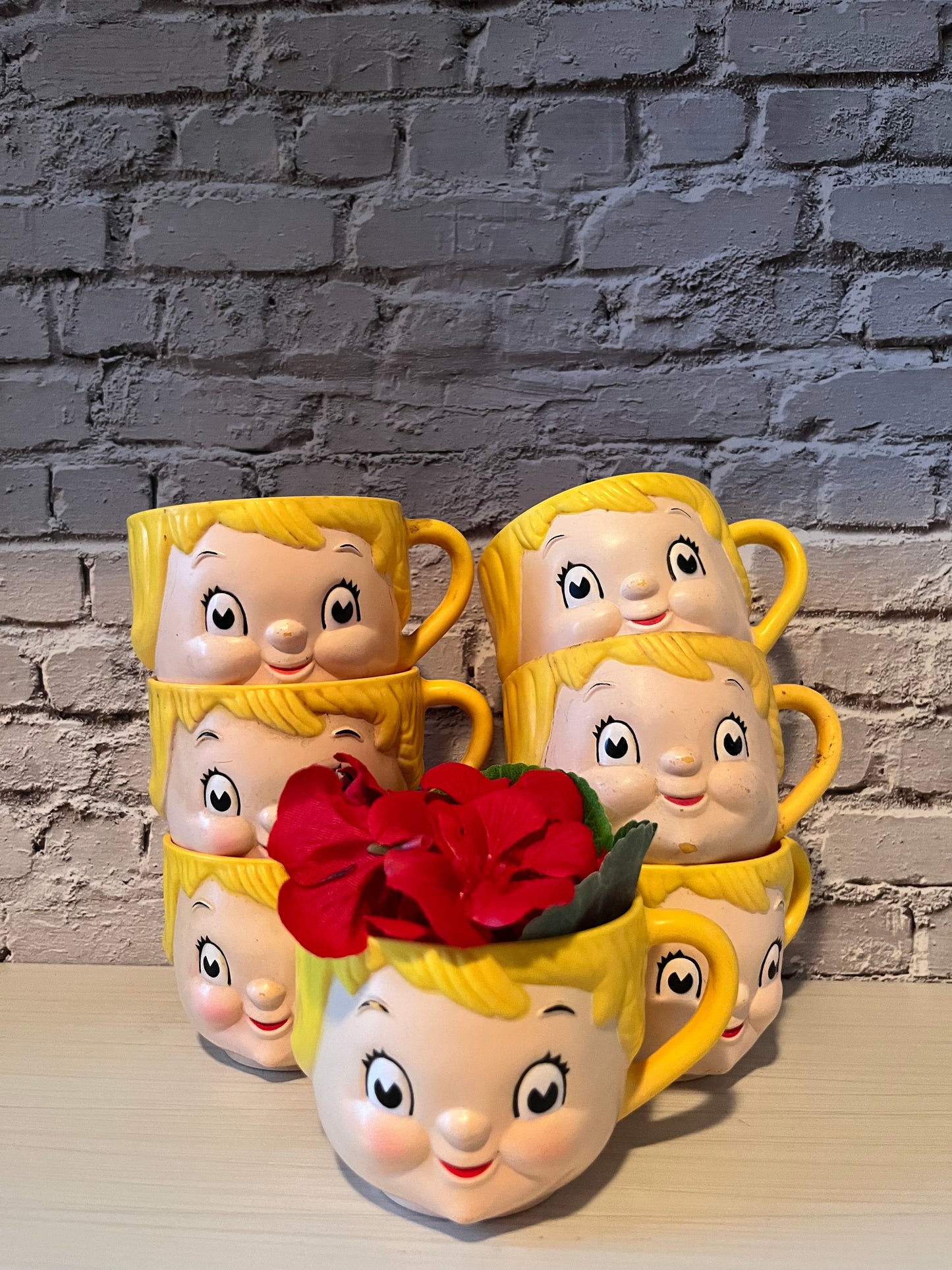Vintage  1970s Campbell Kids Style Anthropomorphic Kitschy Kitchen Cup  Pair | Retro Dolly Dingle Face Cups