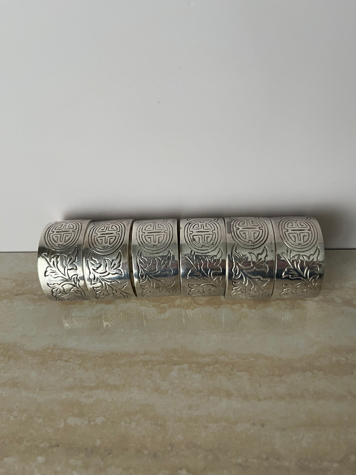 Vintage 1980s Silver-Tone Longevity Symbol Napkin Ring Cuffs – Set of 6 Hollywood Regency Revival Table Accents