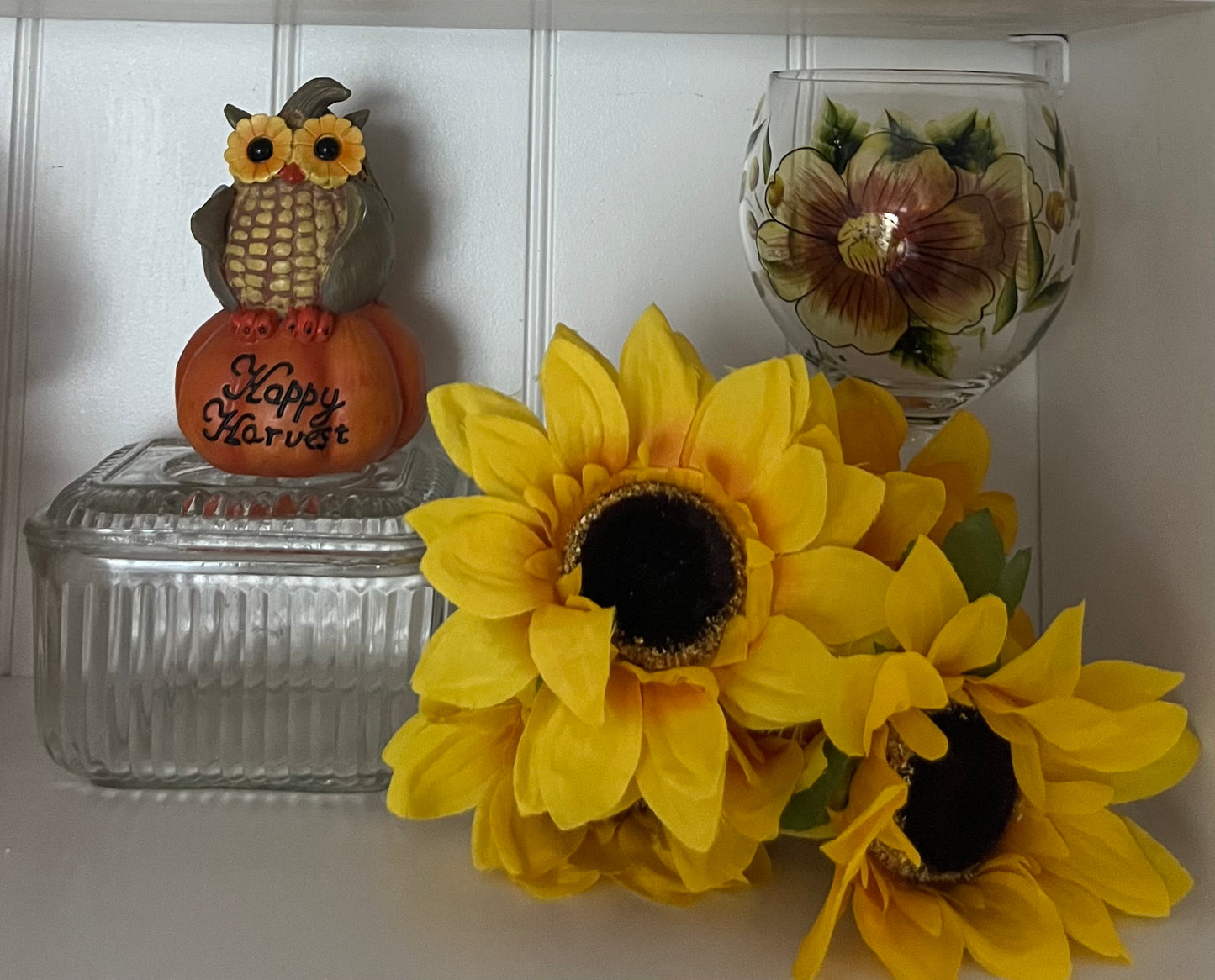 “Happy Harvest” Owl Figurine on Pumpkin – Autumn Corn & Sunflower Design (c. 1990s–2000s)