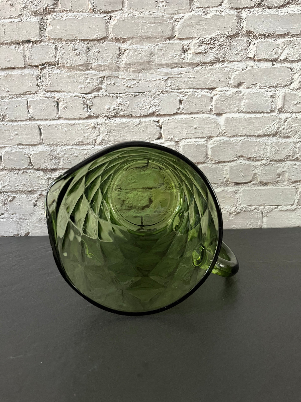 Vintage Hazel Atlas Avocado Green Diamond Glass Pitcher – 1960s