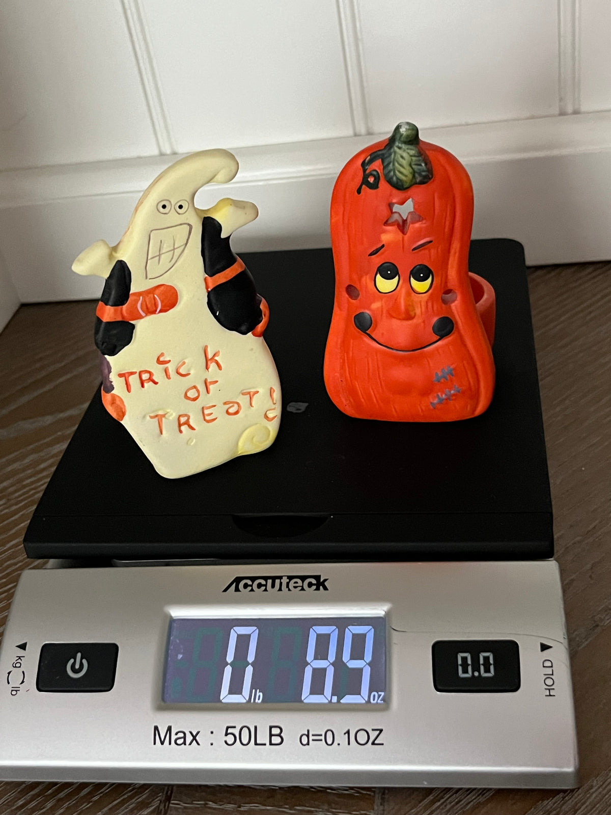 Vintage Trick or Treat! Halloween Ghost & Pumpkin Tealight Candle Holder Pair