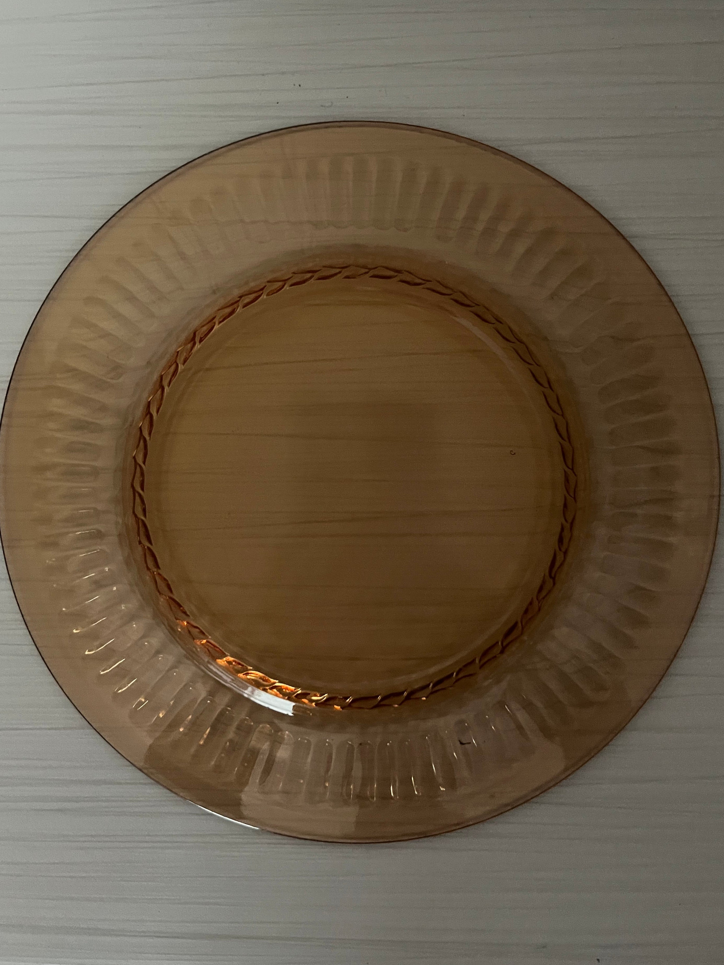 Vintage 1970s Pressed Soft  Amber Glass Dinner Plate with Fluted Rim & Braided Center –