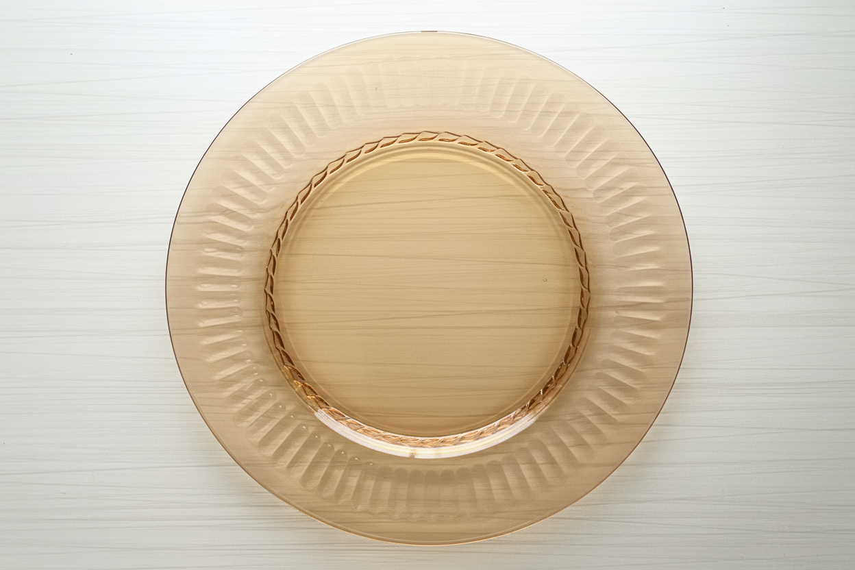 Vintage 1970s Pressed Soft  Amber Glass Dinner Plate with Fluted Rim & Braided Center –