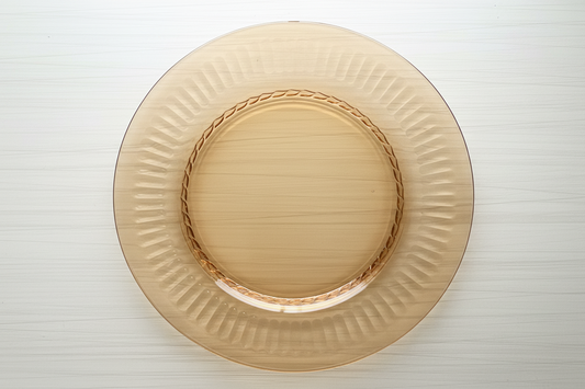 Vintage 1970s Pressed Soft  Amber Glass Dinner Plate with Fluted Rim & Braided Center –