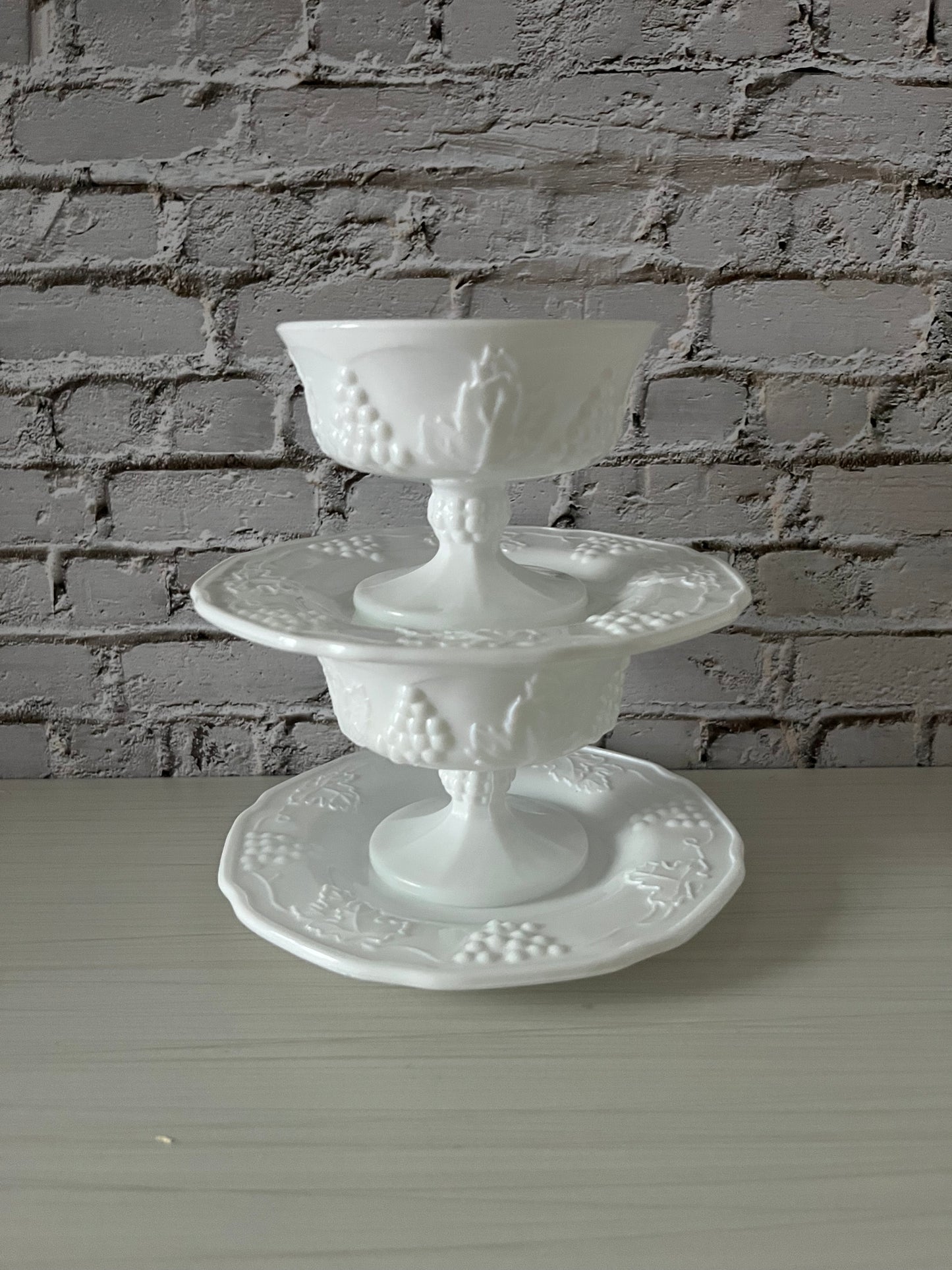 Vintage Indiana Glass “Harvest” Milk Glass Sherbet & Dessert Dish —2 Sets — Grapes & Leaves Pattern (1950s–1980s)