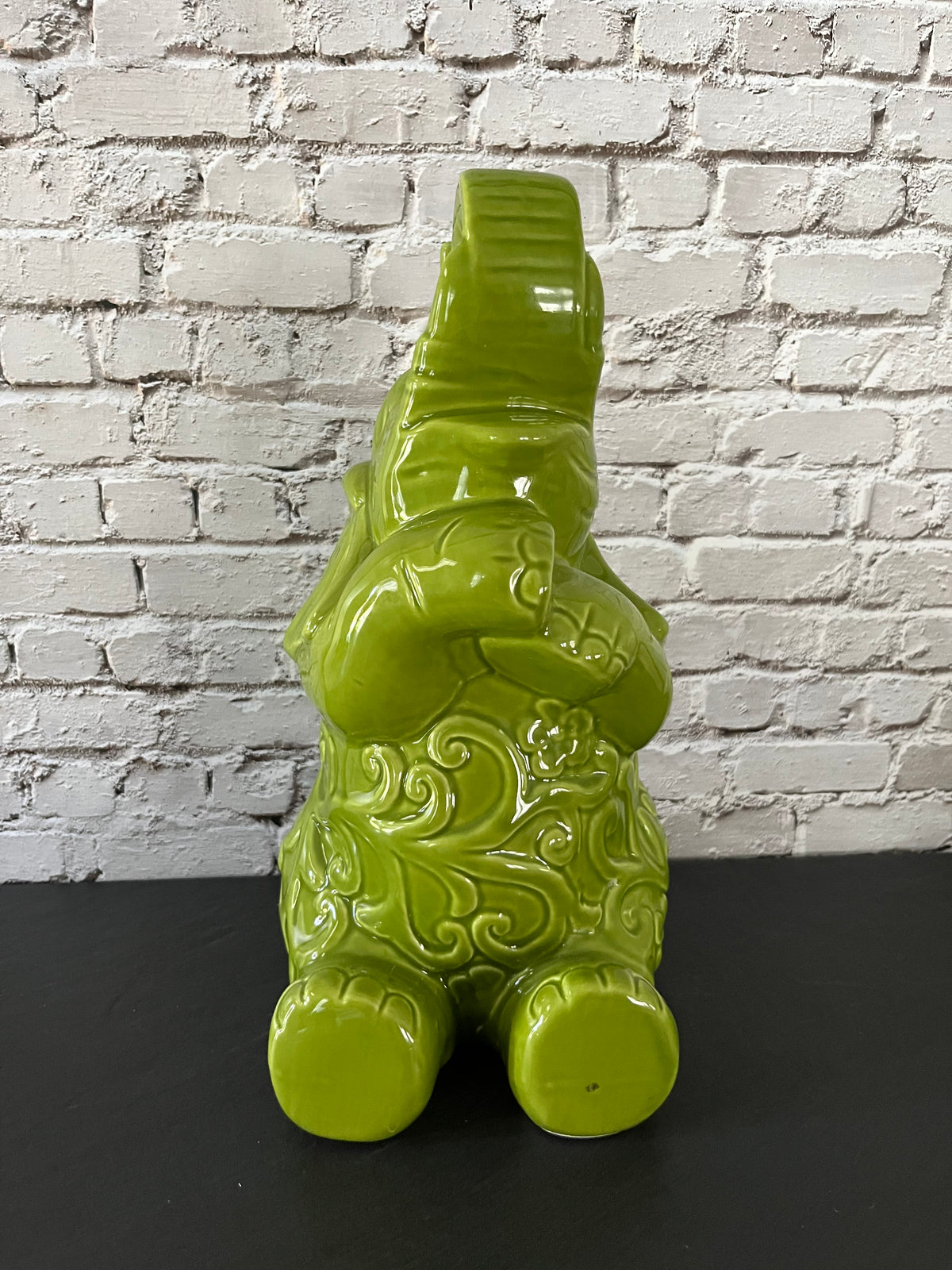 Large Lucky Trunk Green Ceramic Elephant Figurine – Floral Scrollwork Trunk-Up Décor – 11”