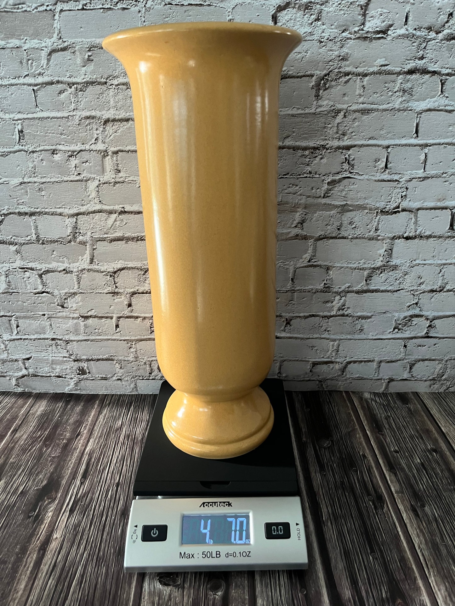 1960’s Bronislaw Wolanin 15” Apricot Yellow Cylinder Vase with Scalloped Pedestal Base – Exclusive Boleslawiec Pottery Design