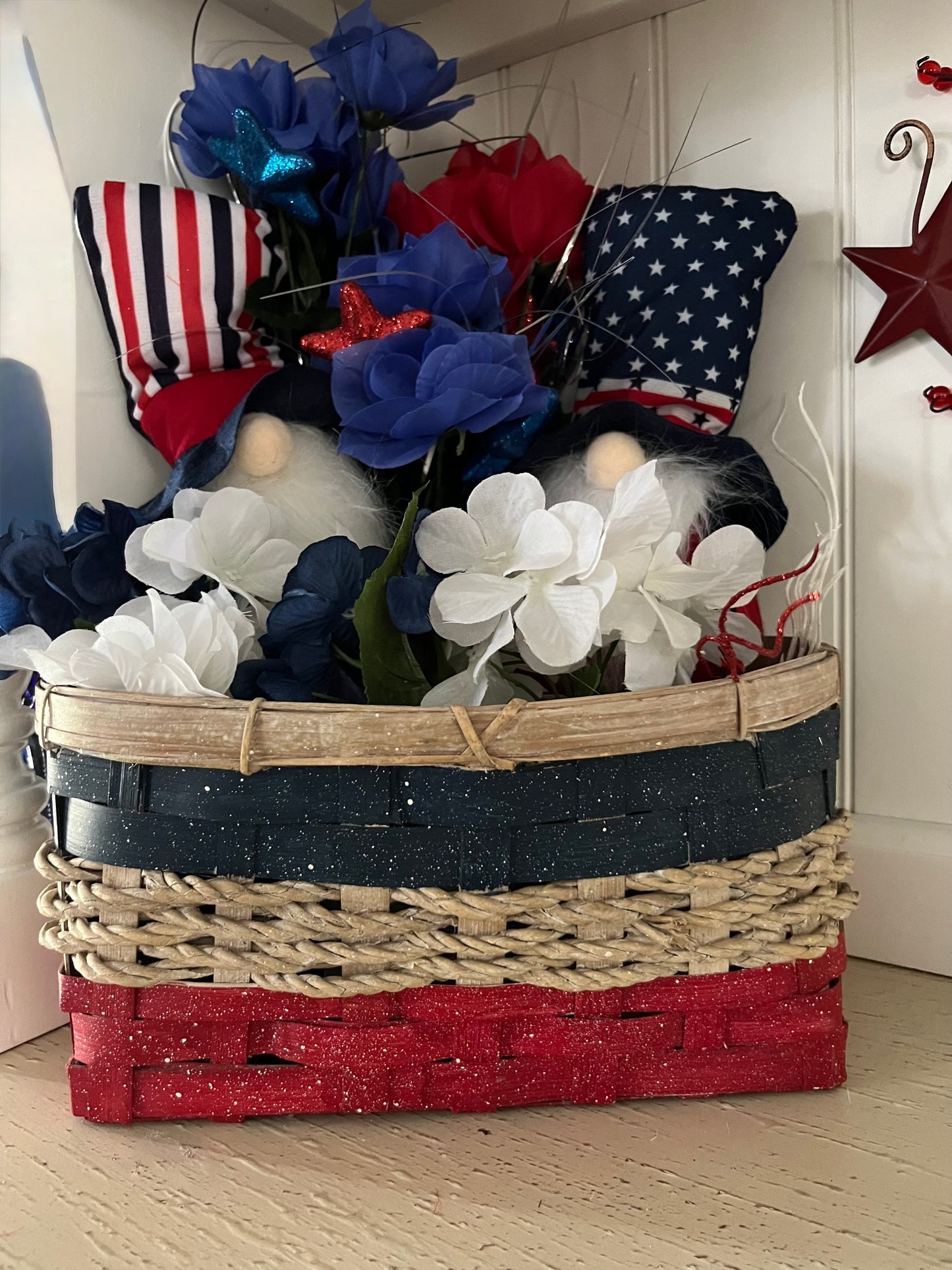 Vintage Inspired Americana Red White Blue Handwoven  Basket, c. Late 1990s–Early 2000s