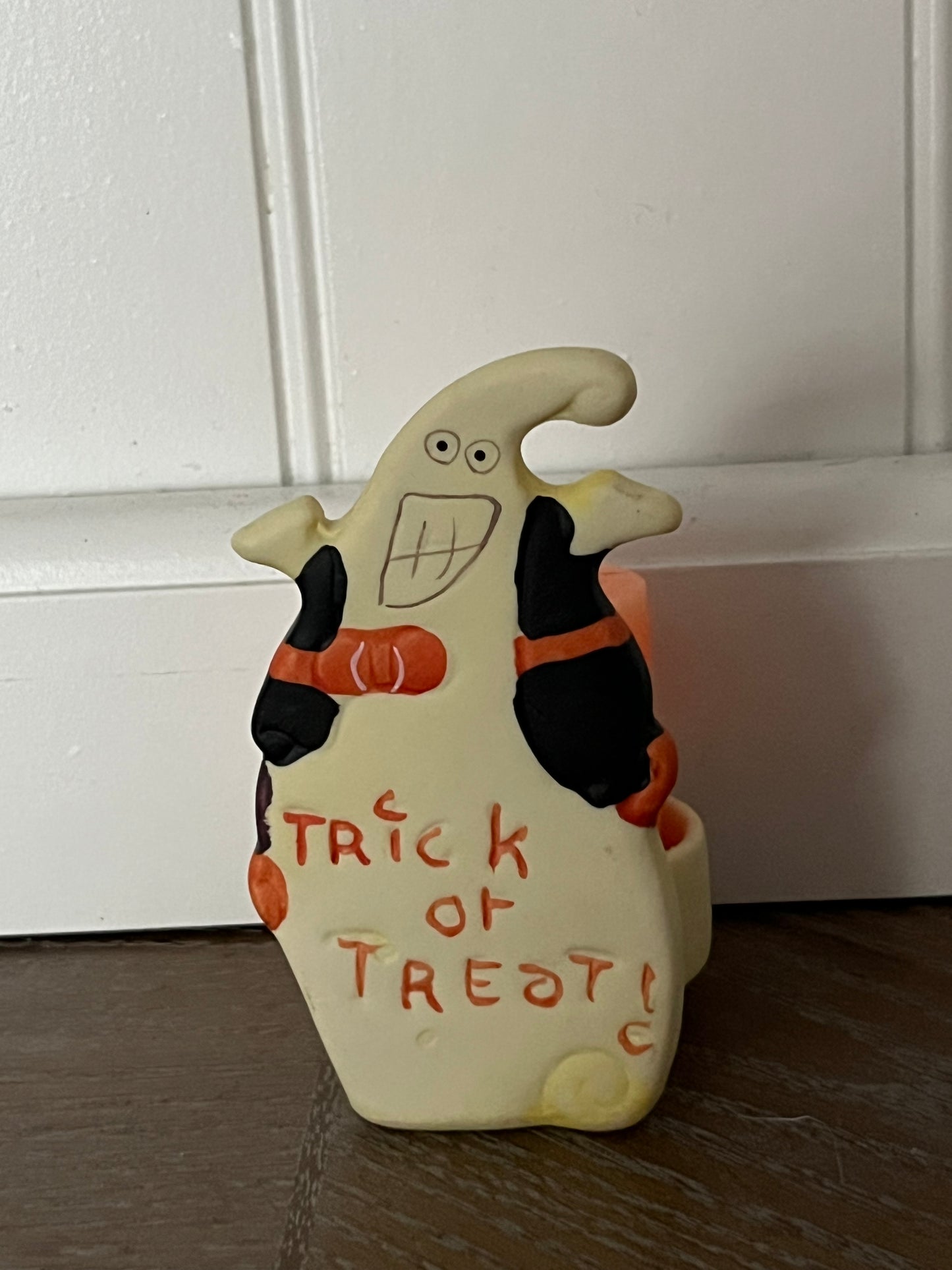 Vintage Trick or Treat! Halloween Ghost & Pumpkin Tealight Candle Holder Pair