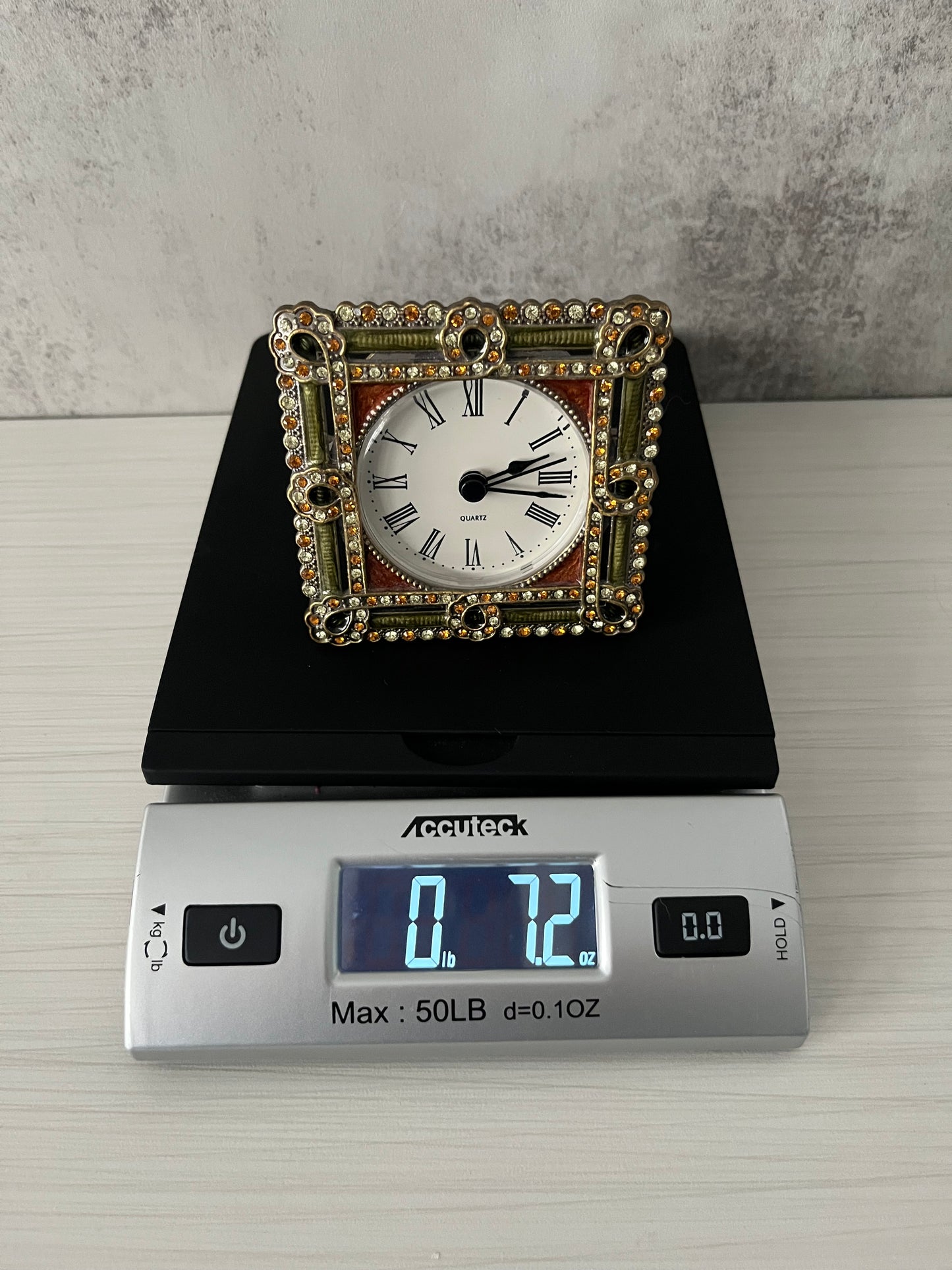 1990s Vintage Art Deco Style Jeweled Vanity Clock – Ornate Rhinestone Desk / Table Clock with Roman Numerals