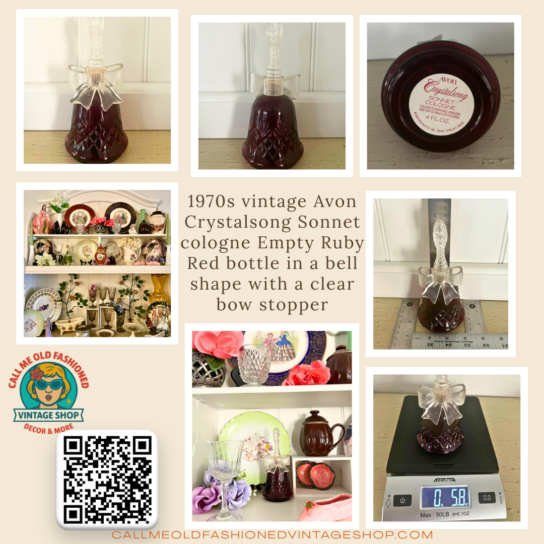 1970s vintage Avon Crystalsong Sonnet cologne Empty Ruby Red bottle in a bell shape with a clear  bow stopper