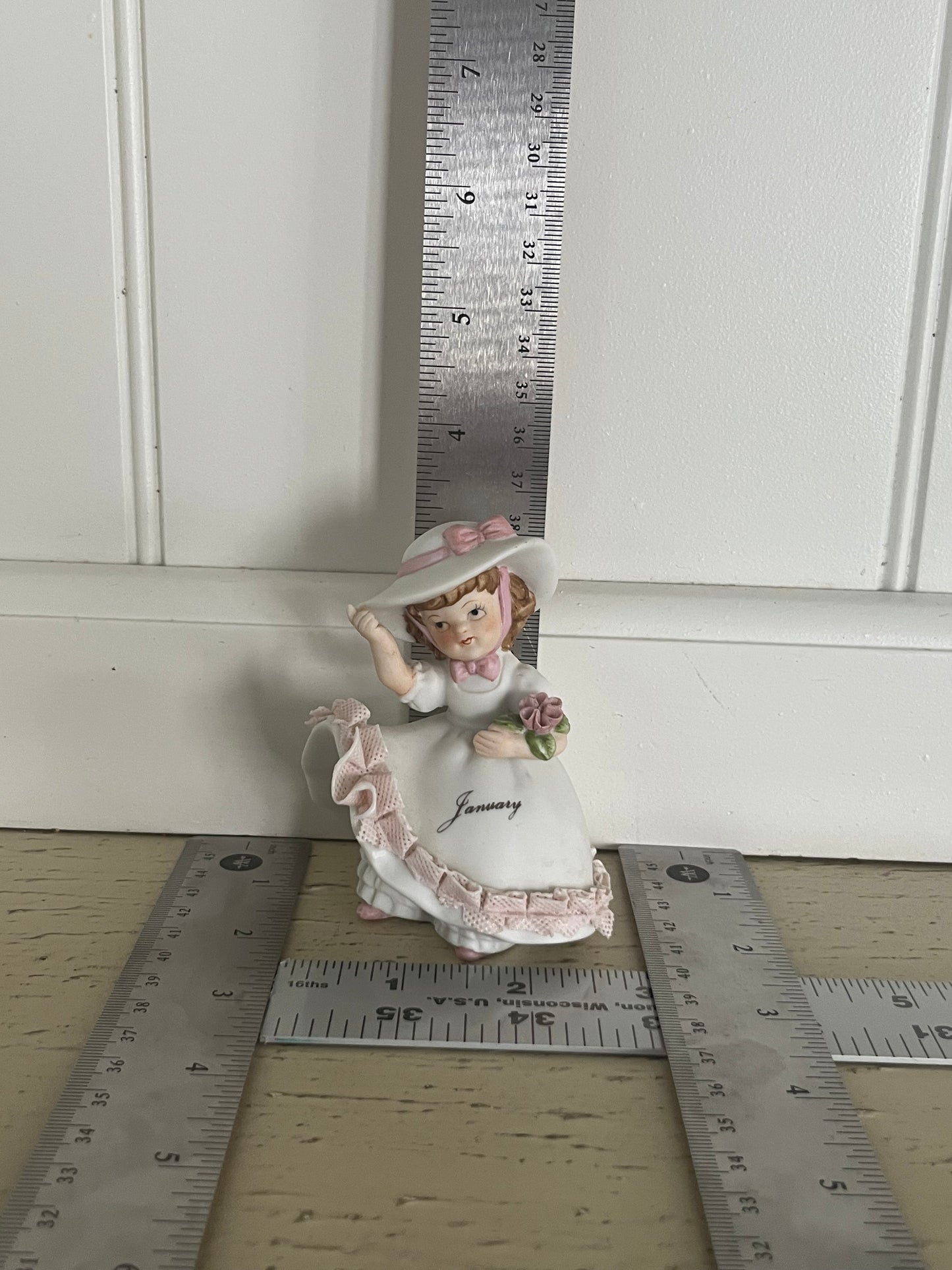 Vintage January Birthday Girl Figurine – Pink Lace Hoop Skirt, Romantic Regency Style (1980s–1990s)