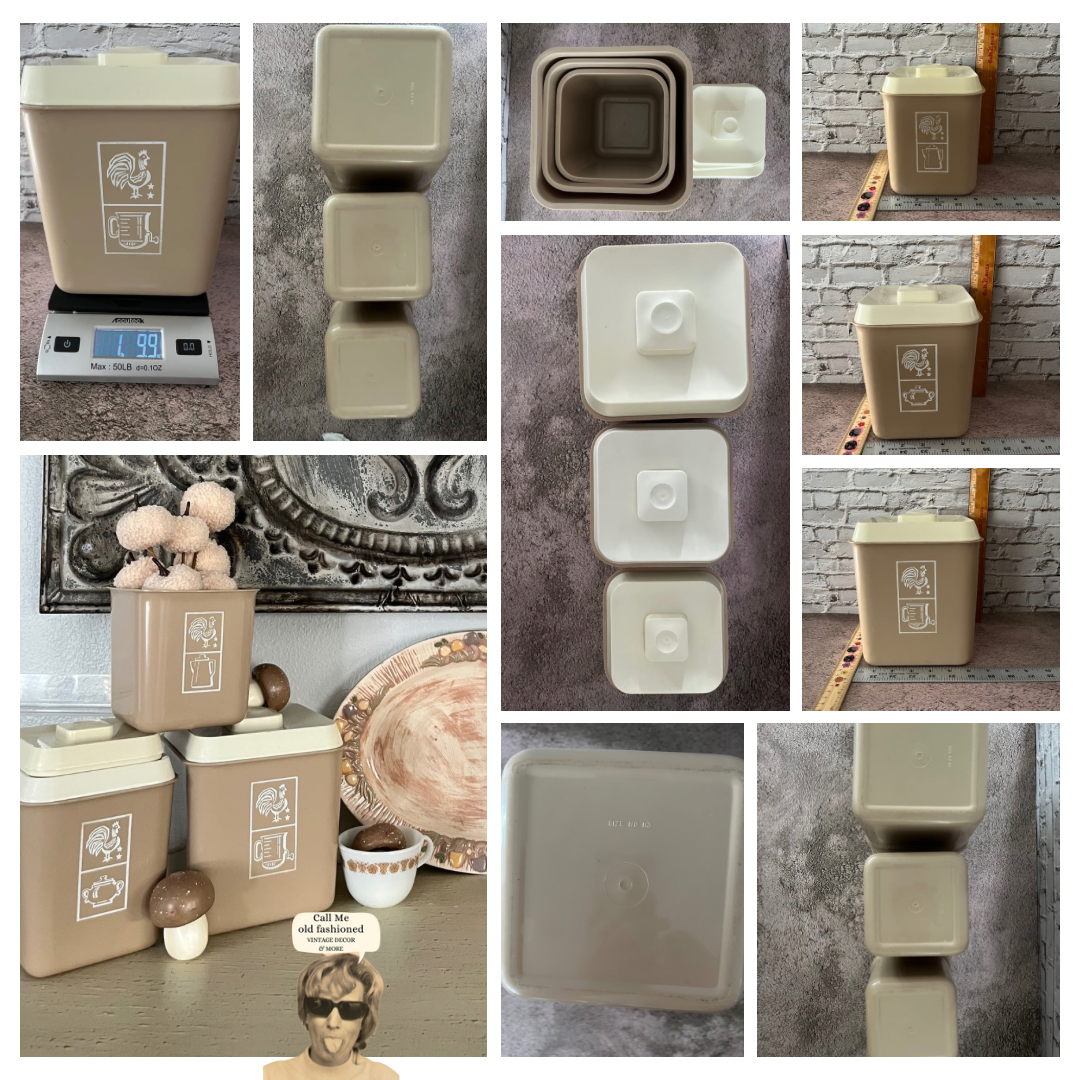 Vintage 1960’s Beige Brown Plastic Kitchen Canister Set (3) | Lustro Ware | Woodland Whimsy MCM Retro Rooster Design