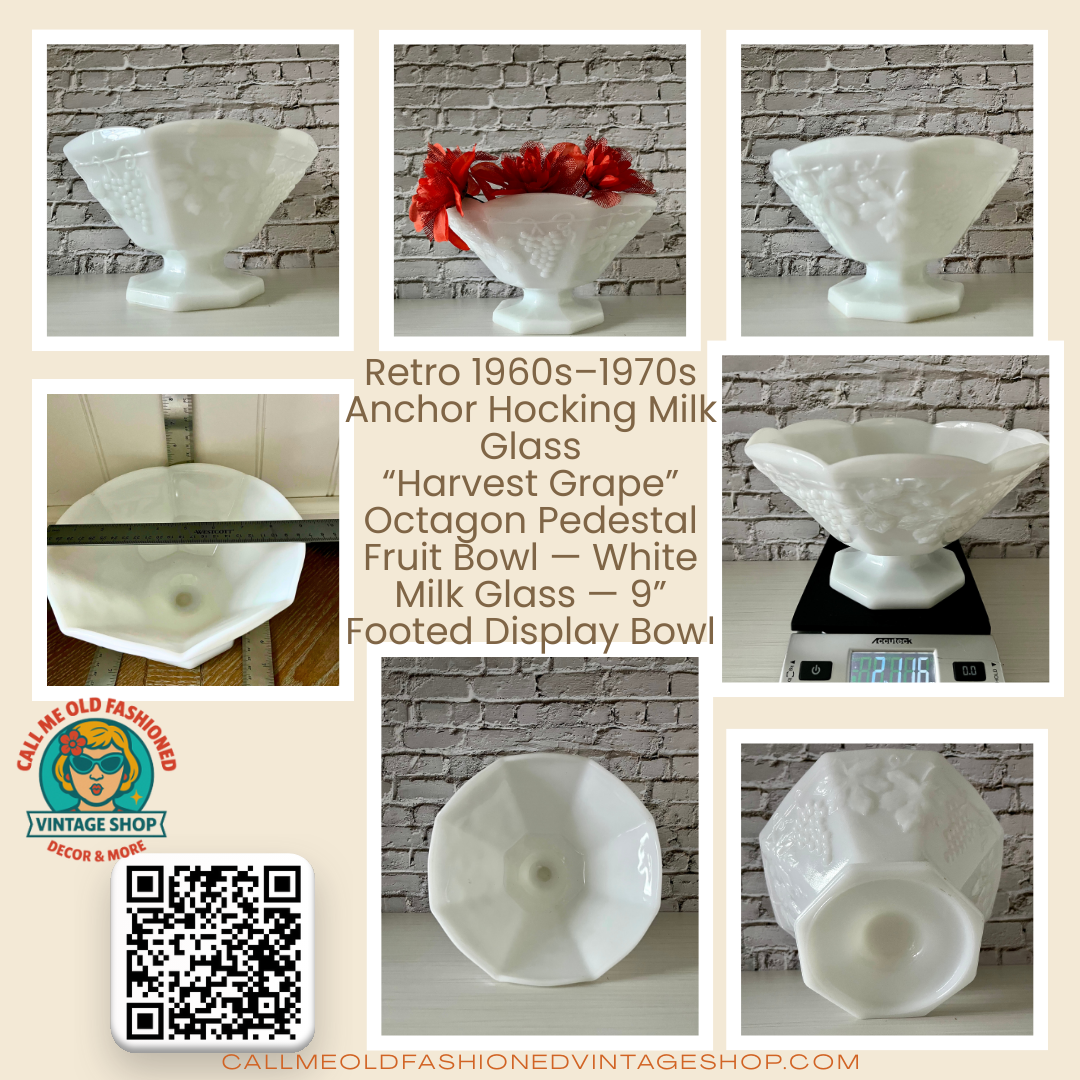 Vintage 1960s–1970s Anchor Hocking Milk Glass
“Harvest Grape” Octagon Pedestal Fruit Bowl — White Milk Glass — 9” Footed Display Bowl
