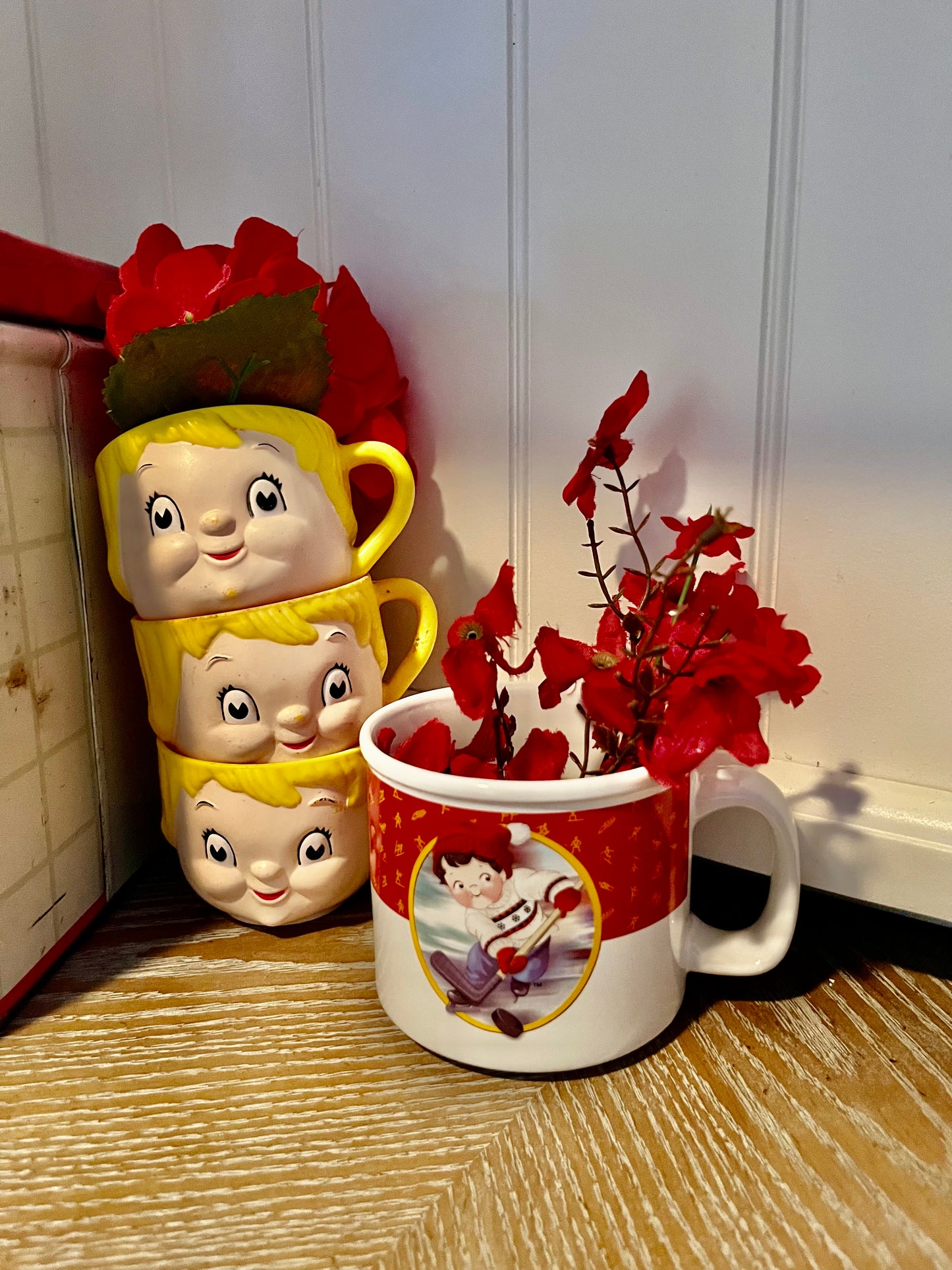 Vintage  1970s Campbell Kids Style Anthropomorphic Kitschy Kitchen Cup  Pair | Retro Dolly Dingle Face Cups