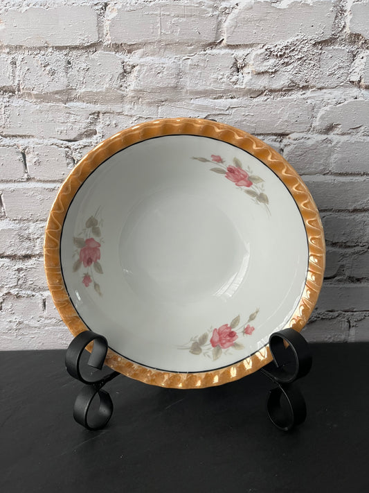 Vintage 1950s Japanese Porcelain Dessert Bowls with Pink Rose Sprays & Amber Scalloped Rim – Set of 2 Floral Cottage China Bowls