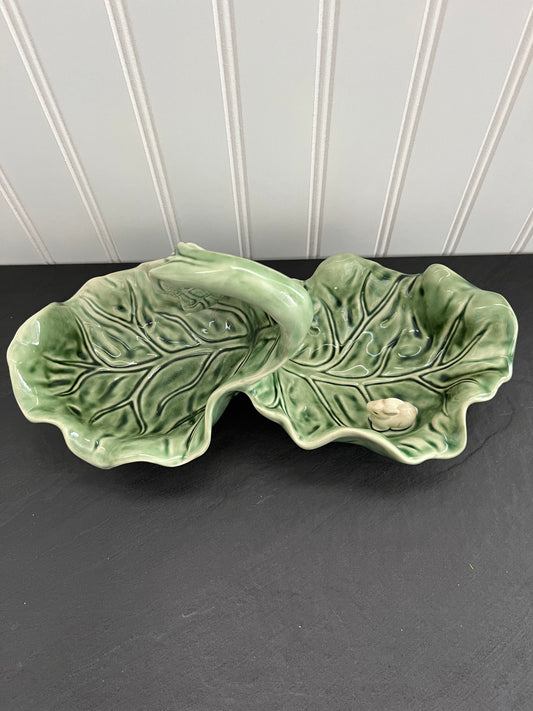 Vintage Majolica Ceramic Lettuce Divided Serving Dish with Little Bunny