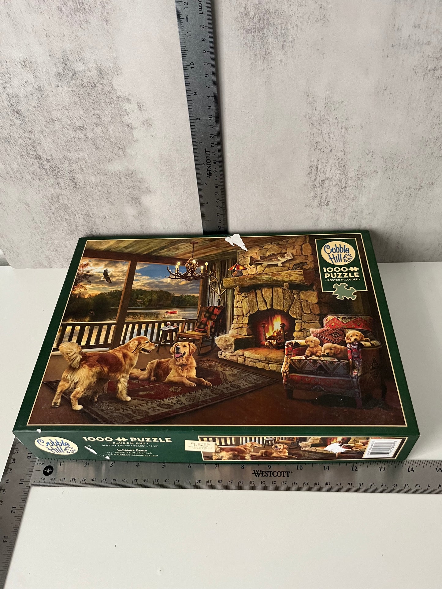 2010s  Vintage style Cobble Hill “Lakeside Cabin” 1000-Piece Jigsaw Puzzle – Golden Retriever Lodge Scene – Complete with Poster