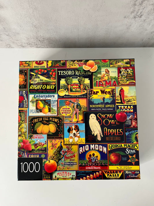 Vintage Style Fruit Crate Label Collage 1000-Piece Puzzle (2010s) – Retro Produce Advertising Art
