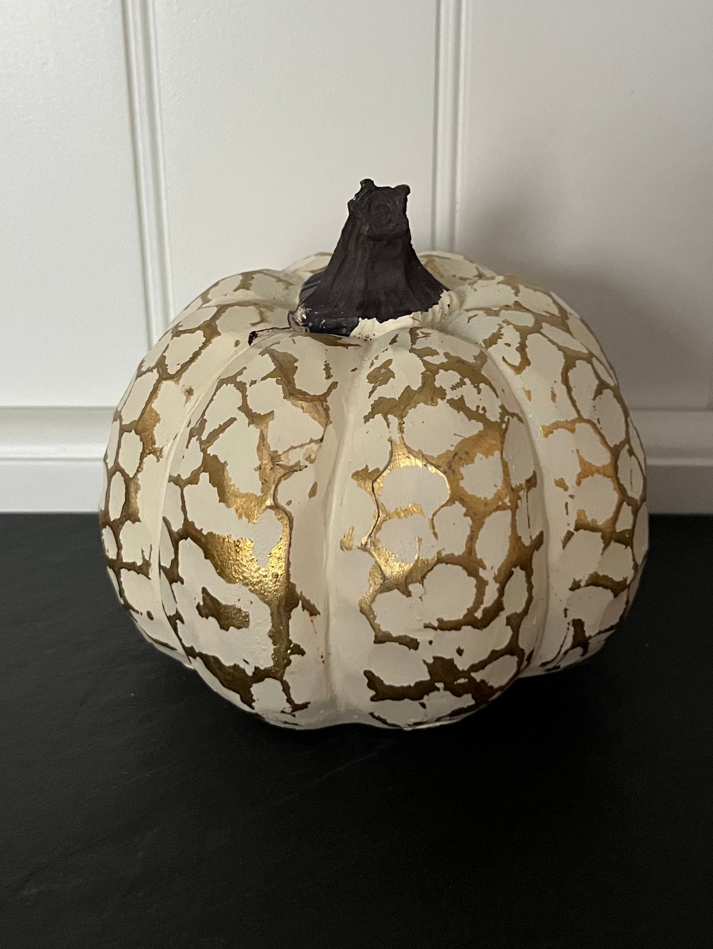 White & Gold Crackle-Pattern Pumpkin – Modern Glam Harvest Decor