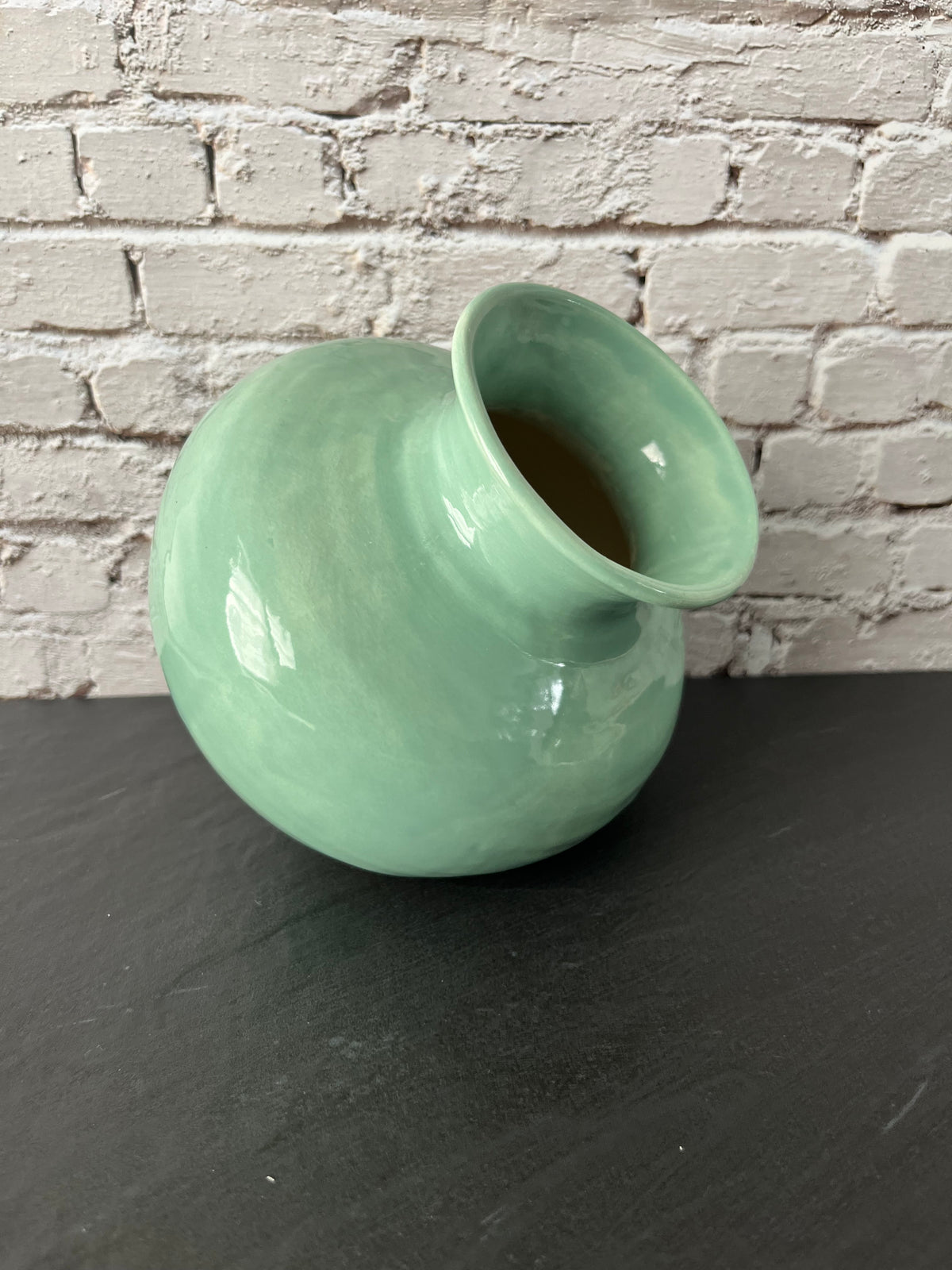 Vintage Style Chat Seafoam Green Side-Opening Ceramic Vase Pottery Pot – Sculptural Tilted Vase – 6”